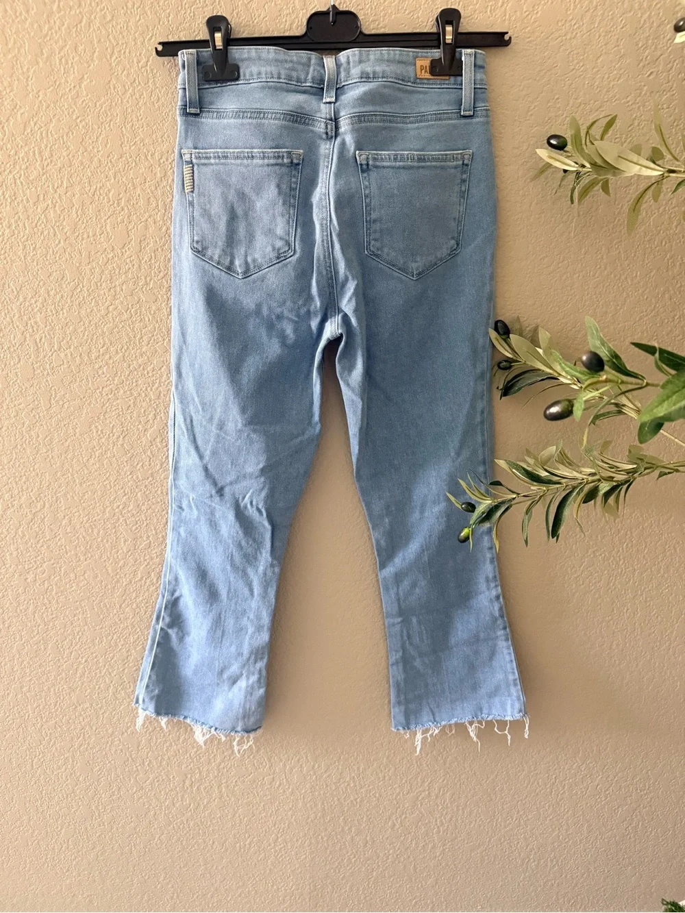 PAIGE Light Wash High Rise Crop Flare Raw Hem Jeans Size 28